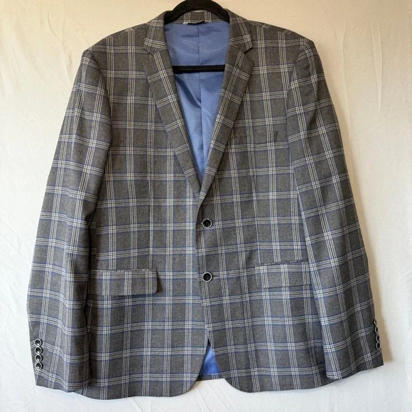Le Chateau Mens Sports Coat Size 42 Formal Suit Jacket Grey Blue Plaid Business - Picture 1 of 11